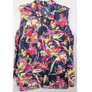 ELLEN TRACY Womens 3X Sleeveless Linen Floral Shirt Top Red Purple Yellow Blue